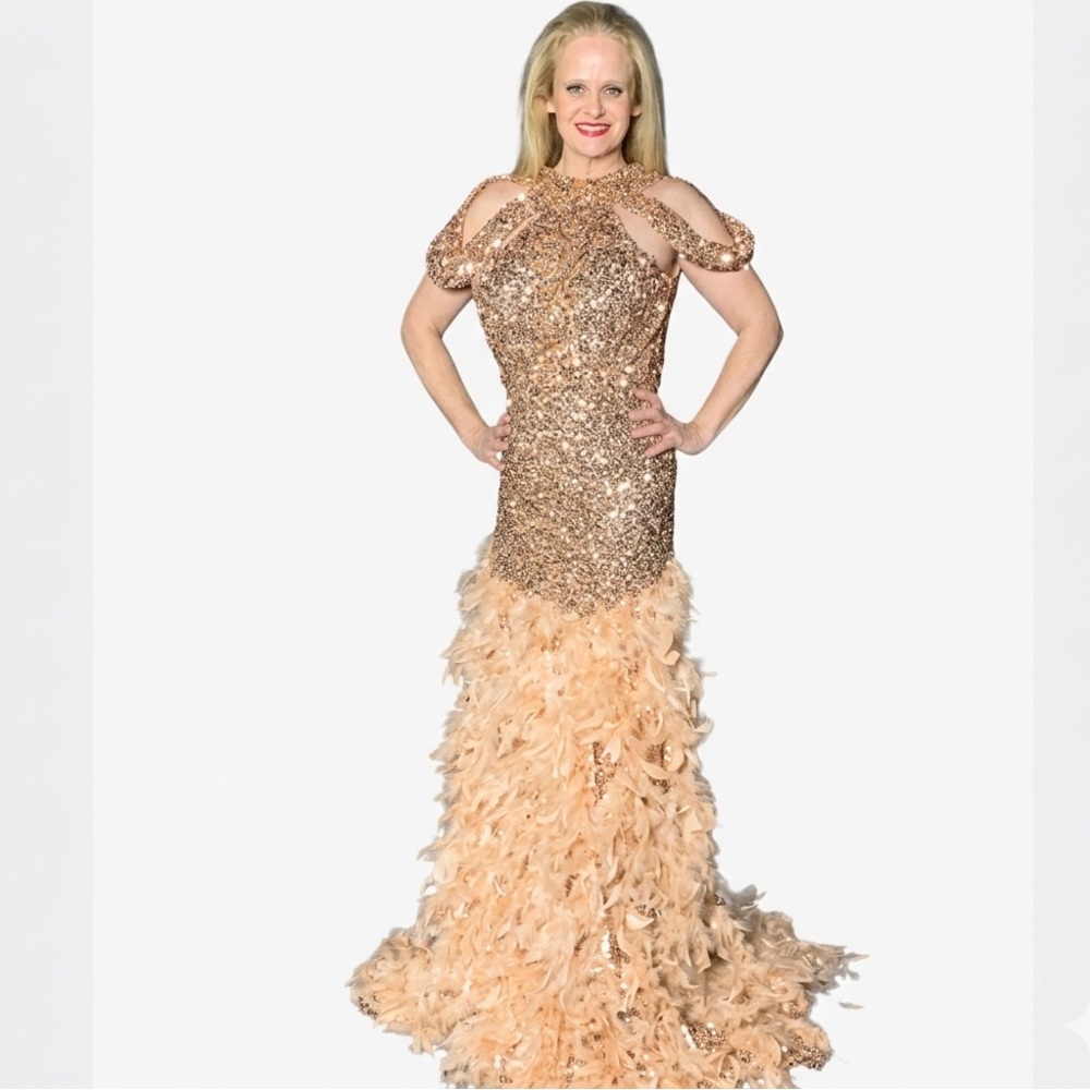 Glamorous Gold Sequin Feathered Woman’s Dress for Prom/ Wedding/ Black Tie